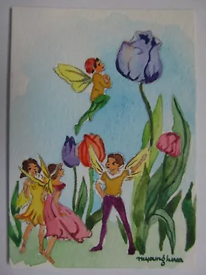 $10.42 • Buy ACEO ORIGINAL Watercolor Tulip Fairies Flowers Floral Prize By Anna Lee