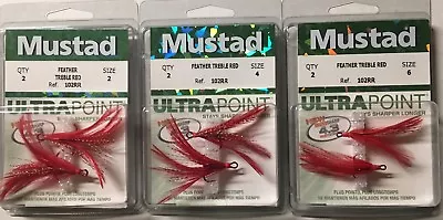 Mustad 102RR  Size 2 4 6  RED  Dressed Feather Treble Hooks Pack Of 2 • $5.95