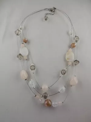 Silvertone Mother Of Pearl White/Crystal/Silver Plastic Bead 3 Strand Necklace • $6.99