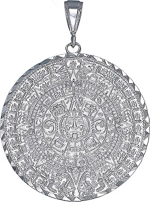 $129.99 • Buy Sterling Silver Aztec Calendar Mayan Sun Charm Pendant Necklace Diamond-Cuts
