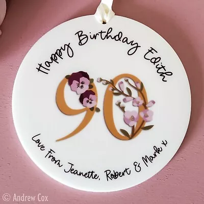 Personalised Happy 90th Birthday Plaque Hanging Floral Any Age Gift Ornament • £6.95