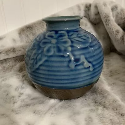 Vintage Vietnamese Handmade And Dripped Glazed Blue Floral Pottery Vase • $18