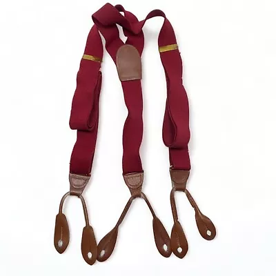 Vintage Red Burgundy Maroon Y-Back Suspenders Leather W/ Brass Braces • $12.95