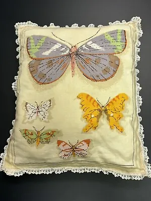 Vintage 12x10 Butterfly Moth Throw Pillow Neutral Green Lace Trim Cottage Decor • $16