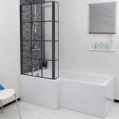 Bathroom L Shaped Bath Black Grid Shower Screen LH Front Panel White 1700mm • £373.50