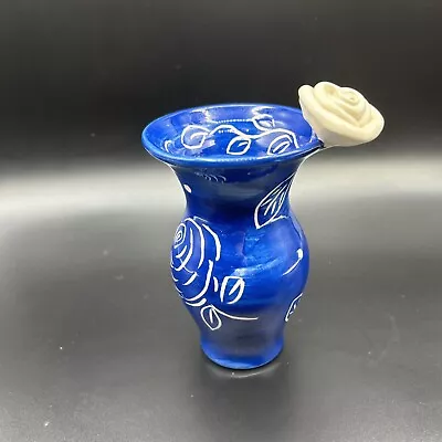 Mary Rose Young Pottery Vase Cobalt Blue With Roses Applied Rose Made In England • $35