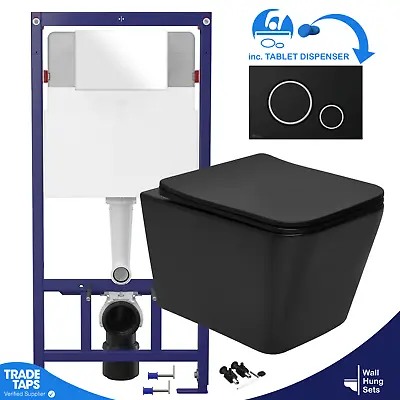 Black Square Rimless Wall Hung Toilet & 1.12m Concealed WC Cistern Frame Set • £124.95