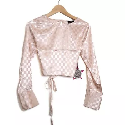 Milk & Honey Womens Satin Light Pink Checkered Strappy Open Back Blouse Sz L • $12.95