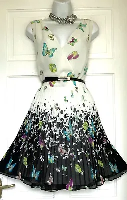 Oasis Butterflies Print Pleated Party Dress Size 16 • £29.99