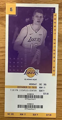 (1) LA Lakers Vs Miami Heat 12/10/18 Ticket Stub Section 305 Row 11 Seat 9 • $5