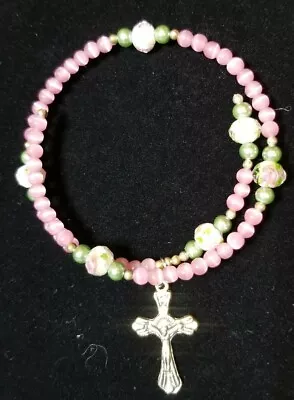 $10.25 • Buy Catholic Rosary Prayer Beads Bracelet 4mm Pink Mexican Cat's Eye Opal Beads 