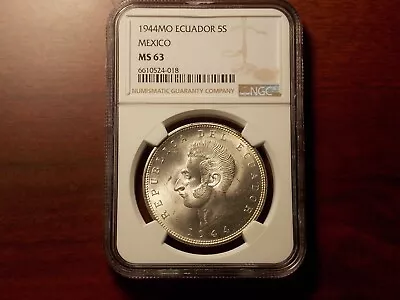 1944 Ecuador 5 Sucres Large Silver Coin NGC MS-63 • $59