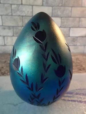 Vintage Vandermark Art Glass Incised Etched Carved Blue Aurene Egg Paperweight • $103.50