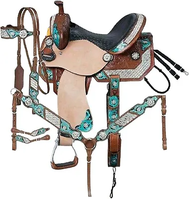Leather Western Barrel Horse Tack Saddle With Set Size 10 -18.5  Free Shipping. • $346.49