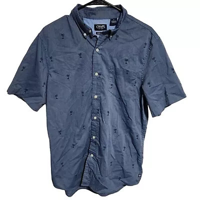 Chaps Easy Care Button Front Shirt Mens Medium Blue Palm Trees Short Sleeve • $8.99