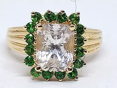 Ladies 14kt Yellow Gold 7x9mm Emerald Cut White Topaz &tsavorite Ring Sz 6.75 • $475