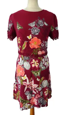 OASIS Butterfly Bird Print Dress Lace Trim Party Short Sleeve Size 12 Pink Red • £10.49