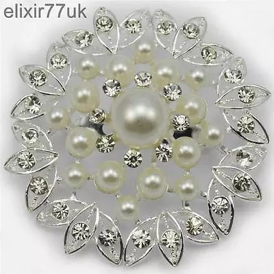 Large New Silver Flower Brooch Faux Pearl Diamante Rhinestone Crystal Broach Uk • £5.69