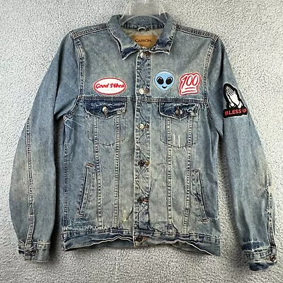 Carbon Jean Jacket Mens Medium Patch Good Vibes Bless Grunge Alien Distressed • $24.99