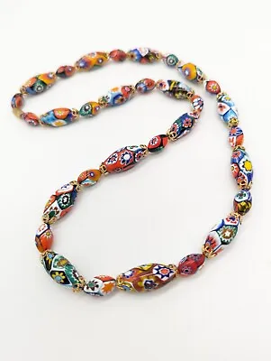 Vintage Murano Millefiori Venetian Glass Necklace Gold Tone Oval Beads 24  #12 • $125