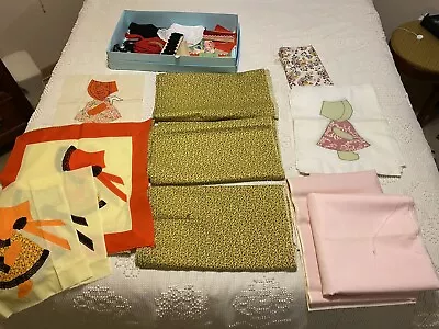 Vintage Various Sun Bonnet Sue Quilt Blocks Plus Lots Of Fabric & Rick Rack • $25