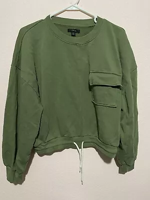 J. Crew M Women's Solid Olive Green Drawstring Pocket Cropped Sweatshirt Top • $22.16