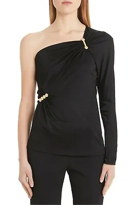 VERSACE Black Gold Medusa Logo Safety Pin One Shoulder Silky Jersey Top 6 S 42 • $471.75