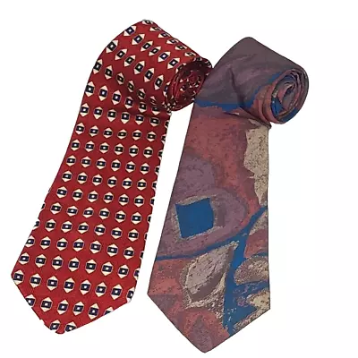 Men's Neck Ties Lot Of 2 Surrey Abstract And NEO Bill Blass Red Geometric • $12