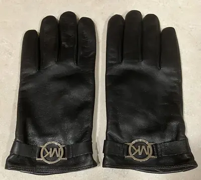 Michael Kors Black Leather Lined Gloves With Metallic MK Logo - XL • $22