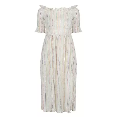 100% Cotton Beach Dress Shirred Cream Striped Off Shoulder Summer BNWT Size 12 • £19.99