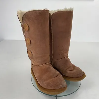 UGG Boots Bailey Button Triplet 4.5 Brown Suede Womens Sheepskin Lined • £13.67