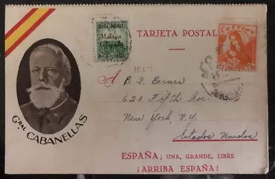 1937 Malaga Spain Civil War Postcard Cover To New York USA General Cabanellas • $49.99