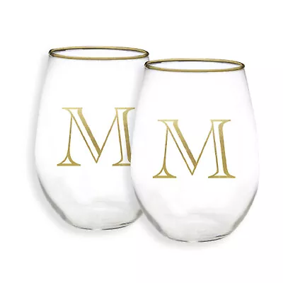 Monogrammed M Gold Foil 16 Ounce Glass Stemless Wine Glass Set Of 2 • $35.95