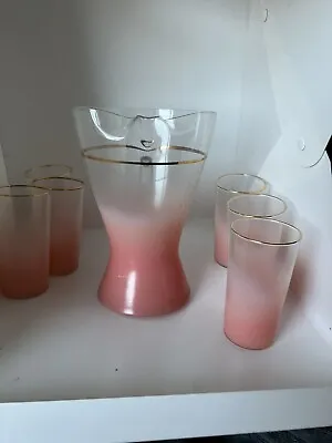 Vintage Blendo Peach Pink Glass MCM Pitcher + 6 Pc Highball Tumbler Glass Set • $149.95