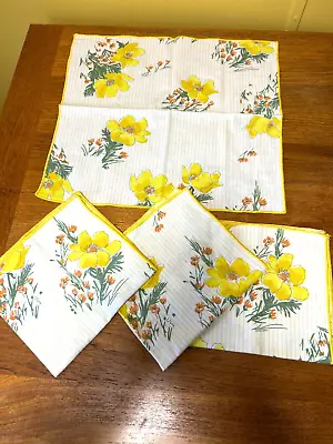 VERA  Vintage California Yellow Poppy Set Of 4 Napkins  Very Nice W/ Pin Stripes • $29.99