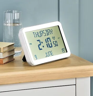 Easy To Read Radio Controlled Calendar Clock Displays Time Day Date Temperature • £29.95