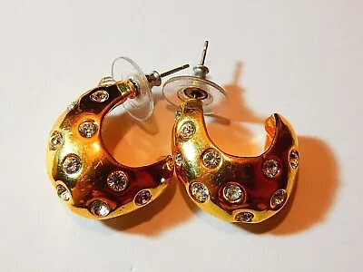 Vintage Givenchy? Gold Tone Bezel Set Rhinestone Hoop Pierced Earrings • $31