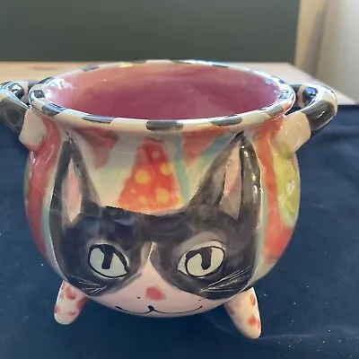 Hand Painted Ceramic Tripod Cat  And Roses Caldron Wishing Bowl 7”x5” • $36