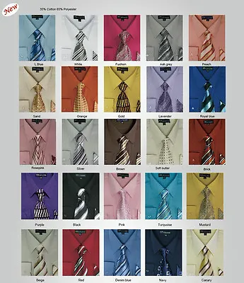 Men's Dress Shirt + Matching Tie + Handkerchief Set 25 Unique Colors Size 15~20 • $18.95
