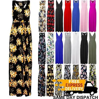 Ladies Womens Strappy Pockets Muscle Racer Back Sleeveless Vest Long Maxi Dress • £11.49