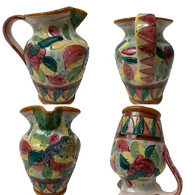 Vintage Majolica Hand Painted Italian Ceramic Sgraffito Floral Pitcher Signed • $29.99