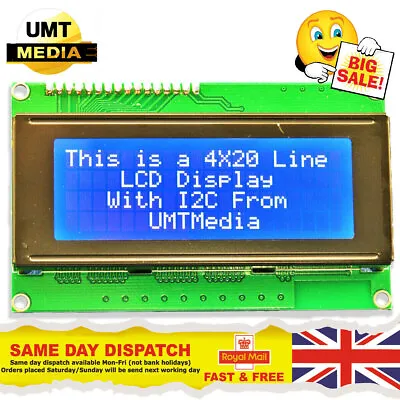 IIC/I2C/TWI 2004 20X4 Character LCD Module Display For Arduino Blue Serial  • £7.95