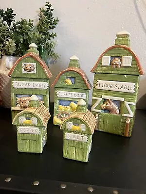 Vintage Barn Ceramic Kitchen Canisters - Set Of 5 - Salt & Pepper  - Flour Sugar • $52