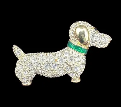 Vintage Pavé Rhinestone ROMAN Dachshund Weiner Dog Green Enamel Gold Tone Brooch • £23.61