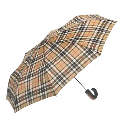 Clifton Folding Tartan Print Wood Trim Hook Handle Camel Thompson Umbrella • $49.95