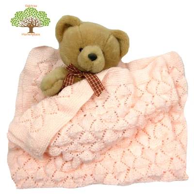 £20 • Buy Large Hand Knitted Peach Baby Shawl Double Knitting Crib Cot Blanket Wrap