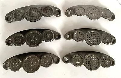 Lot B-SET 6 Old CAST IRON Silver-Color D&F Drawer/BIN Cup PULLS/Handles-4  • $39.95