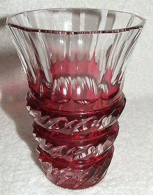 Rare Signed Val St Lambert Cranberry Cut To Clear Crystal 6  Deco Vase Belgium • $87