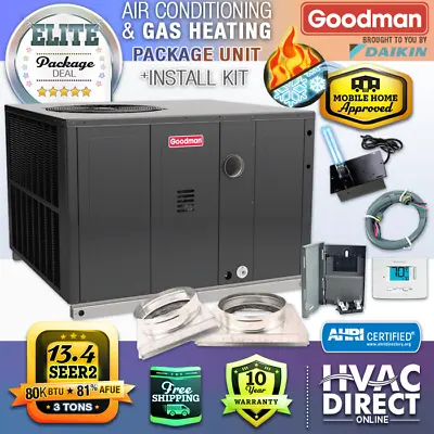 3 Ton 13.4 SEER2 80K BTU Goodman AC Gas Package Unit System GPGM3 + Install Kit • $3902