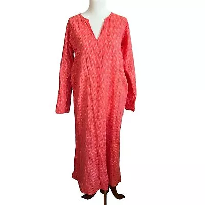 Matta Caftan Tunic Dress Ls Side Slit 100% Cotton Split Neck Midi Coral Pocket L • $125
